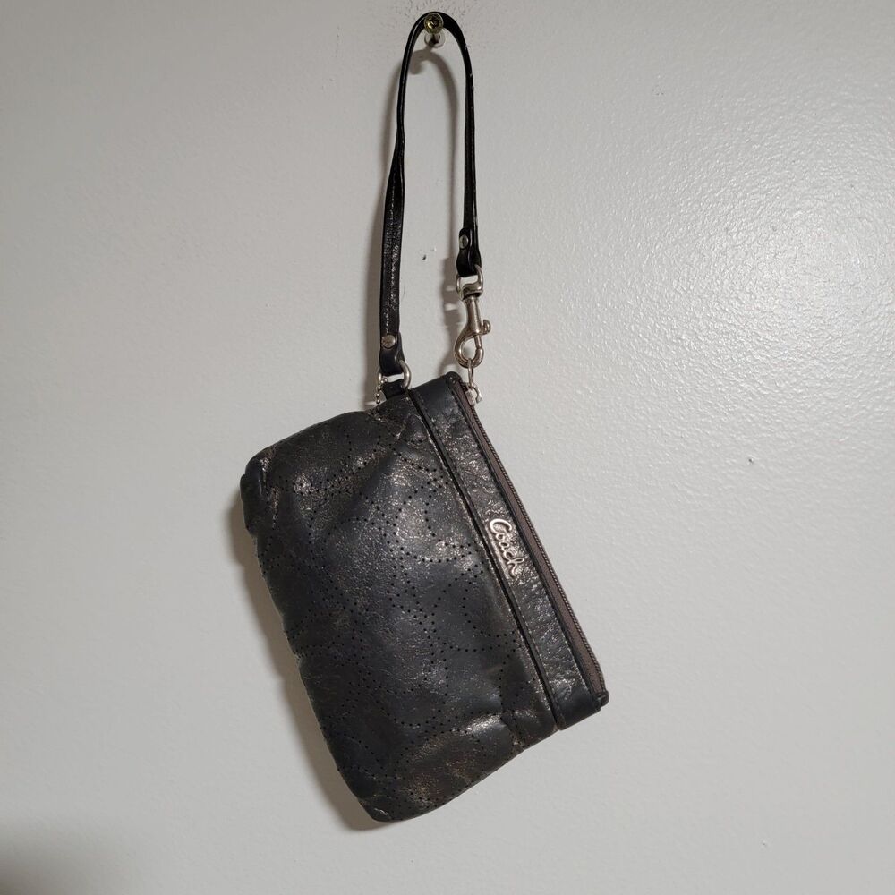 Coach Black Metallic Signature C Perforated Wristlet Pouch Leather Trim